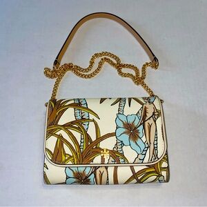 Tory Burch Emerson Printed Chain Wallet Crossbody Cream Brown Climbing Palms